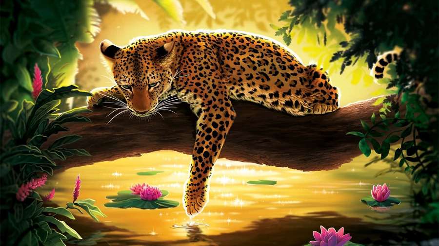 Leopard lounging on a tree branch over a pond with pink lotuses. — Leopard Background