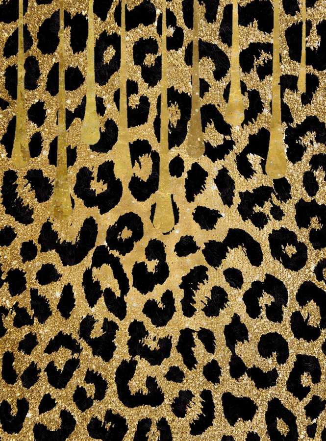 Cetakan macan tutul hitam di latar belakang glitter emas dengan tetesan emas vertikal. — Leopard Pattern Wallpaper