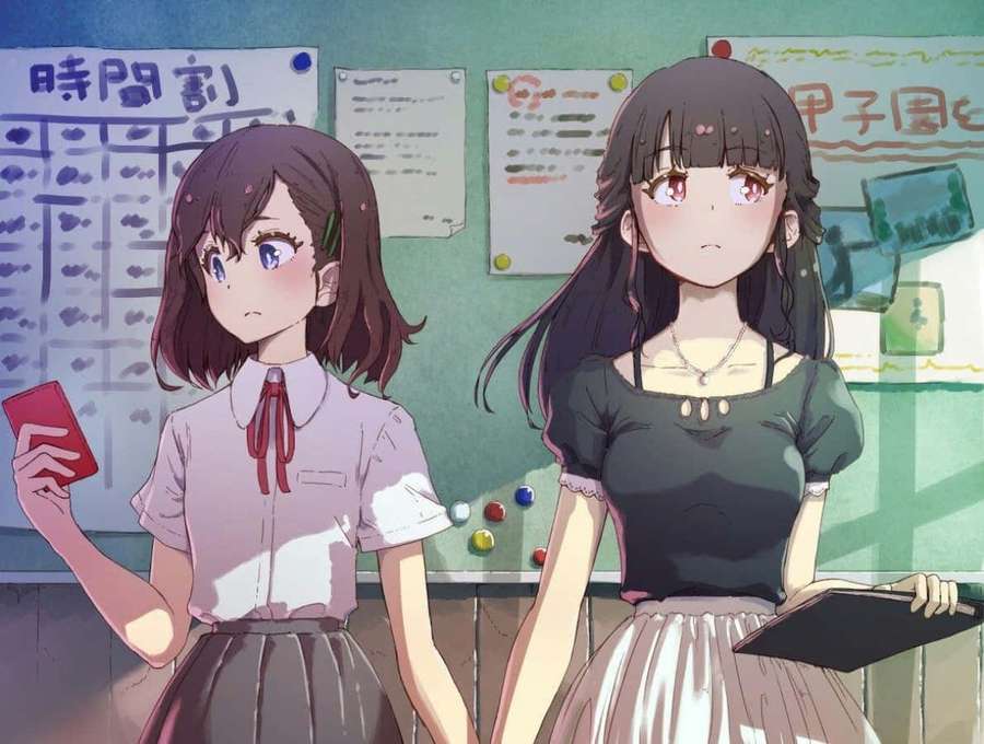 Two anime girls in a classroom one holding a red card the other a notebook. — Lesbian Anime Wallpaper