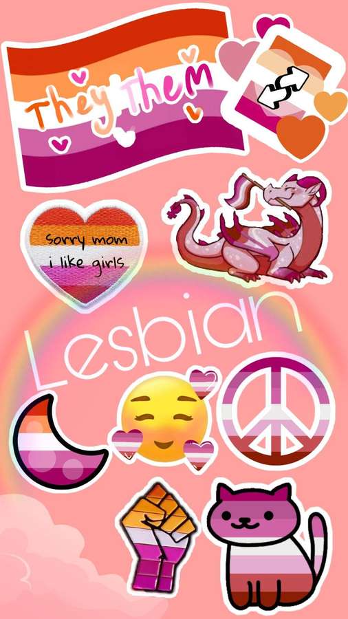 Kollaasi LGBTQ+ -ylpeystarroja vaaleanpunaisella taustalla, mukaan lukien lohikäärme, sydän, rauhanmerkki ja kissa. — Lesbiflagga Taustakuvat