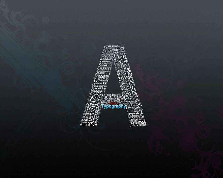 A large letter A made of words on a dark background with decorative swirls. — Letter A Background