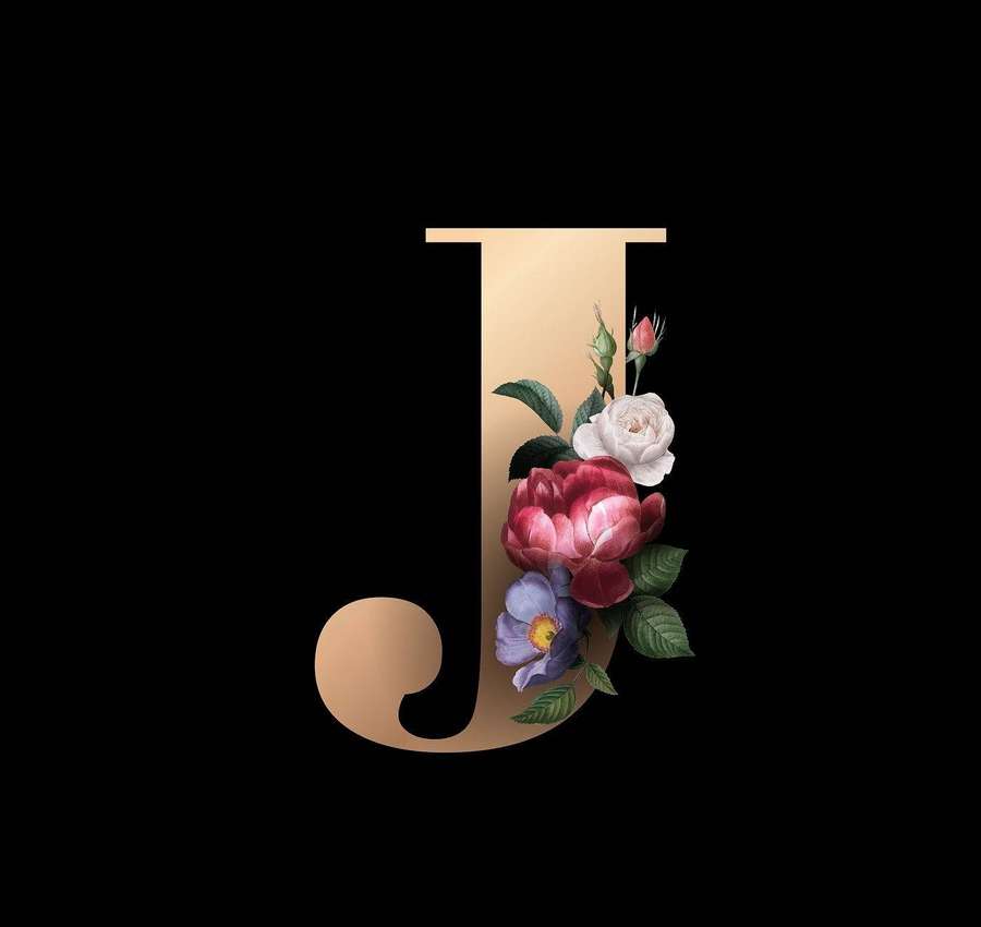 Golden letter J decorated with red white and purple flowers on black background. — Letter J Wallpaper