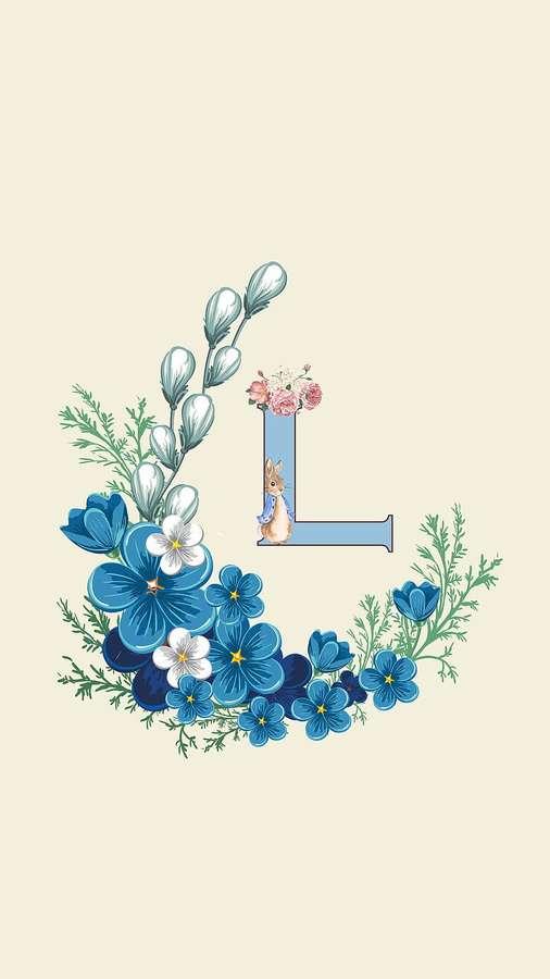 Letter L decorated with blue flowers greenery and a rabbit holding pink blooms. — Letter L Wallpaper