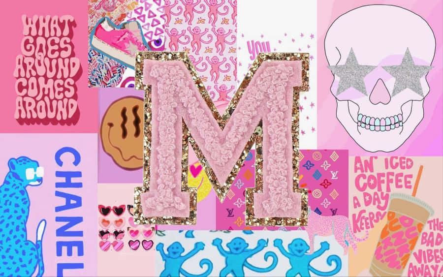 Pink glitter letter M surrounded by skulls monkeys and fashion text in a chaotic collage. — Letter M Background
