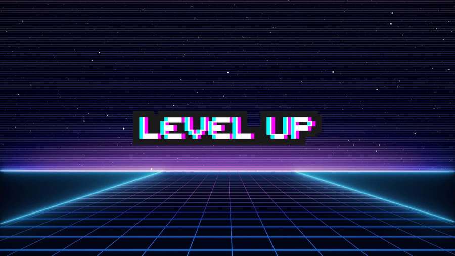 Glitchy neon text reading level up on a digital grid under a starry sky. — Level Wallpaper