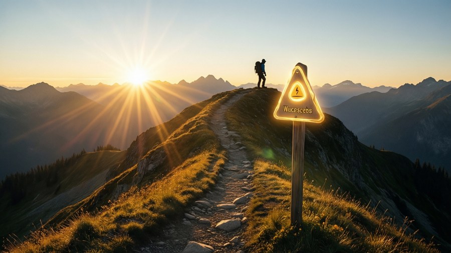 A lone adventurer on a mountain peak at sunrise with a glowing milestone marker, symbolizing a level up. — Level Up Wallpaper