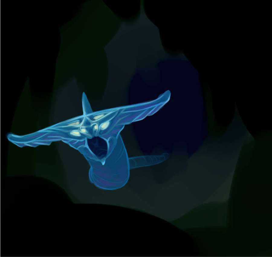 A glowing blue winged creature with glowing eyes hovers in darkness. — Leviathan Wallpaper