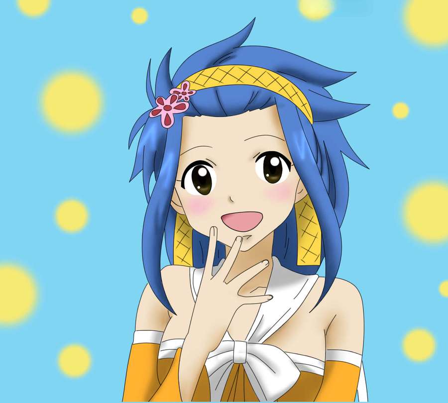 Chica anime con cabello azul y diadema amarilla sonriendo y haciendo el signo de la paz. — Levy Mcgarden Fondos de pantalla