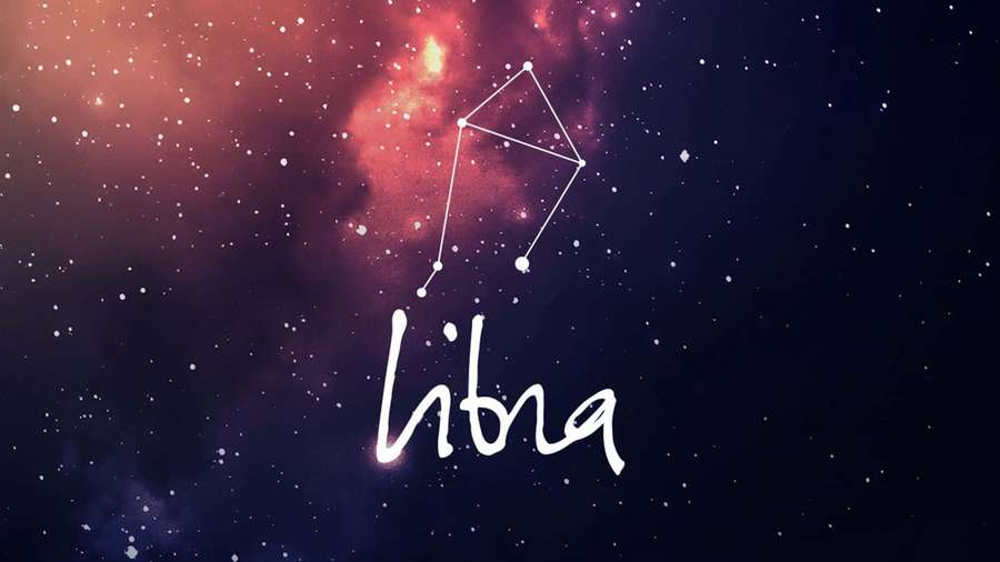 Constellation Libra with connecting lines and handwritten text against a starry space background. — Libra Background
