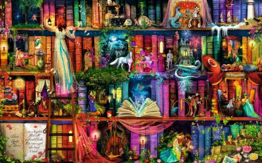 A whimsical fantasy library with books transforming into magical scenes filled with fairies and unicorns. — Library Background