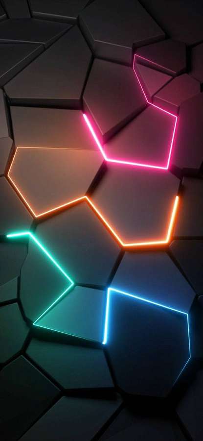 Neonlichter zeichnen leuchtende Pfade auf einer dunklen geometrischen sechseckigen Oberfläche. — Lichter Wallpaper