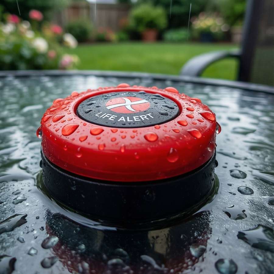 Life Alert button with raindrops outdoors — Life alert Picture