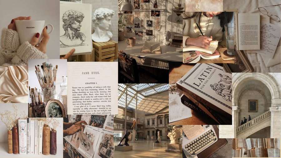 Cozy study collage with books art supplies and vintage architecture. — Light Academia Aesthetic Background