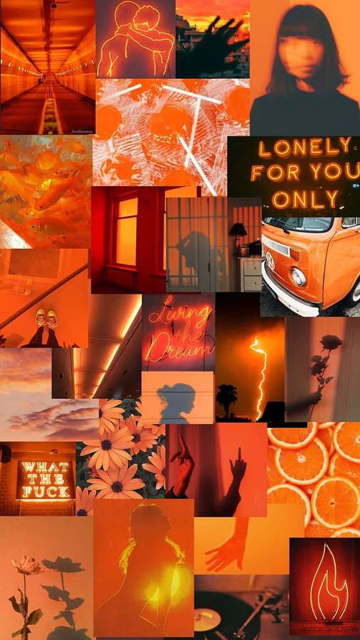 Orange getönte Collage mit Neonschildern, Silhouetten und Oldtimern. — Light Orange Aesthetic Wallpaper