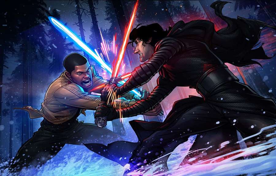 Two characters fighting with glowing lightsabers in a snowy forest at night. — Lightsaber Duel Wallpaper