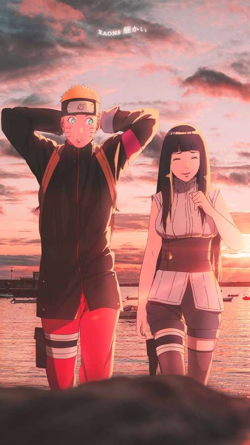 Kaksi anime-ninjahahmoa seisoo veden äärellä auringonlaskun aikaan. — Liikkuva Naruto Taustakuvat