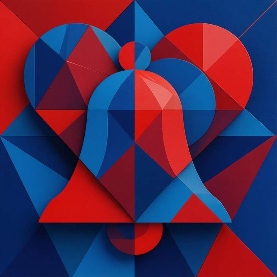 An abstract geometric wallpaper with heart and bell shapes made of triangles and circles. — Like And Subscribe Wallpaper