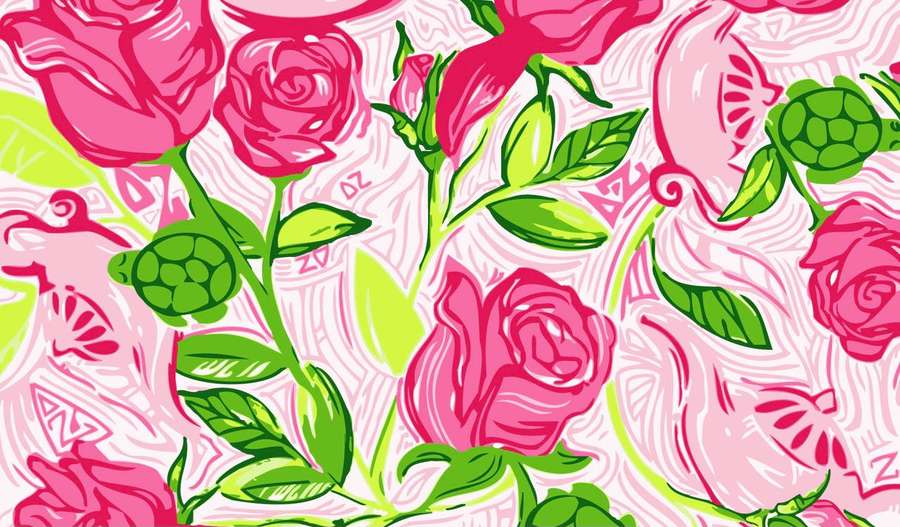 Rosa Rosen und grüne Blätter auf einem wirbelnden gemusterten Hintergrund. — Lilly Hintergrundbild