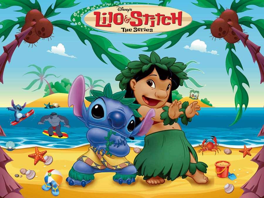 Lilo and Stitch on a tropical beach with surfboards and sea creatures. — Lilo And Stitch Background