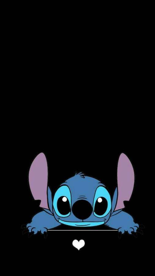 Karakter alien biru mengintip dari balik tepian dengan hati di bawah — Lilo Dan Stitch iPhone Wallpaper