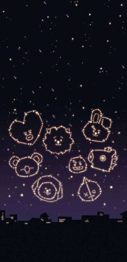 Constelaciones con forma de animales brillan sobre una ciudad de noche. — Lindo Bt21 Fondos de pantalla