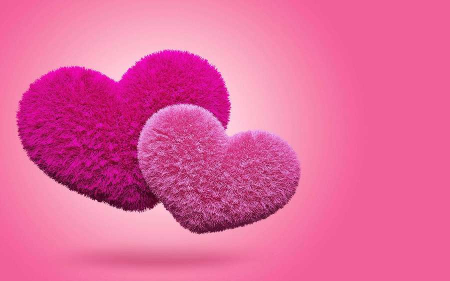 Dos corazones rosas esponjosos flotando en un suave degradado rosa. — Lindo corazón de amor Fondos de pantalla