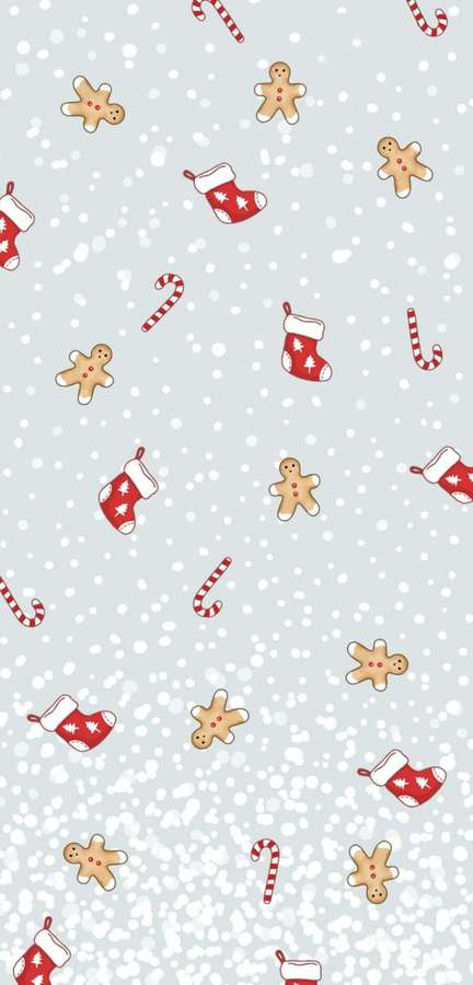 Patrón festivo navideño con galletas de jengibre, bastones de caramelo y medias sobre fondo de nieve. — Lindo Estilo Invernal Fondos de pantalla