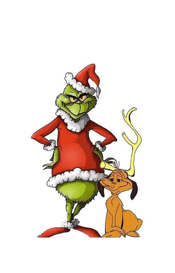 Grinch con traje rojo de Santa Claus junto a un pequeño perro marrón con astas amarillas — Lindo Grinch Fondos de pantalla