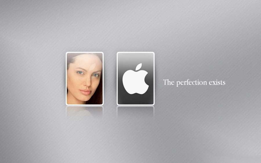 Dos íconos enmarcados, uno con el rostro de una mujer, el otro con el logotipo de Apple, el texto dice The perfection exists — Lindo Mac Fondos de pantalla