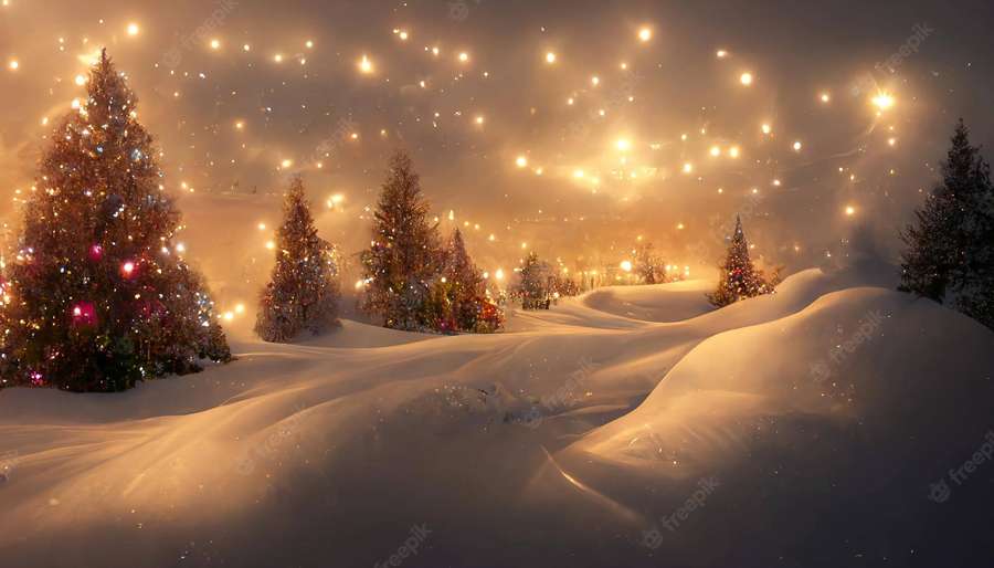 Caminho nevado na floresta iluminado por luzes de fadas brilhantes sob um céu dourado. — Lindo Natal Papéis de Parede