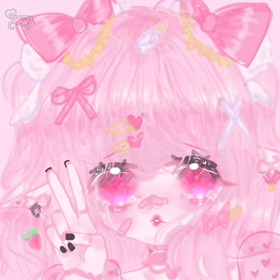 Chica anime con cabello rosa y lazos haciendo señal de paz — Lindo Pfp Fondos de pantalla