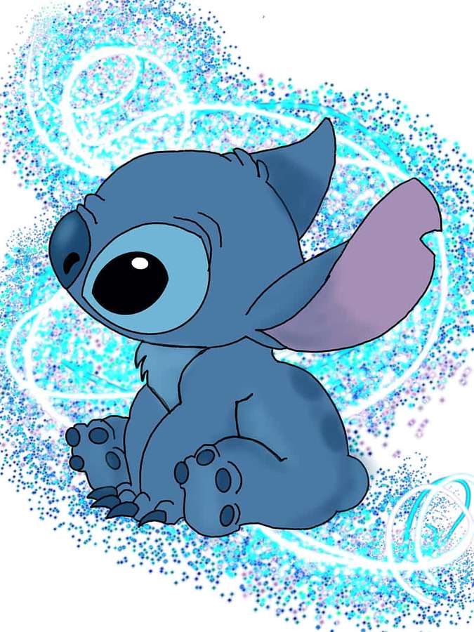 Alieno azul de dibujos animados con ojos grandes rodeado de remolinos de purpurina — Lindo Stitch Fondos de pantalla