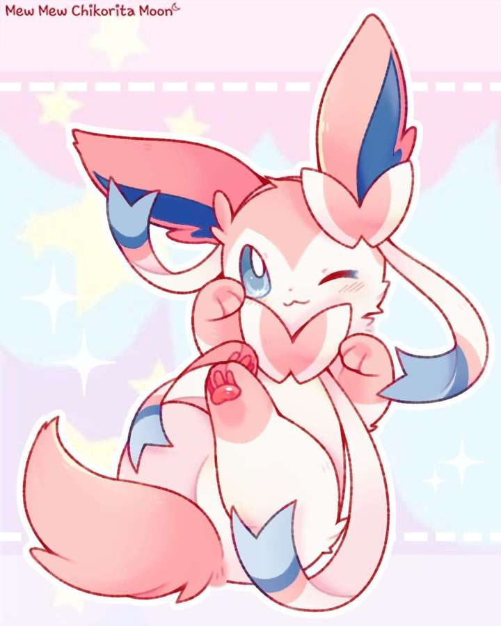 Un Chikorita rosa y azul con un ojo cerrado y las patas cerca de la cara contra un fondo estrellado pastel. — Lindo Sylveon Fondos de pantalla