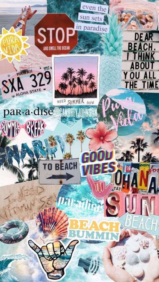 Collage tropical de playa con palmeras, conchas y citas de verano. — Lindo Verano Fondos de pantalla