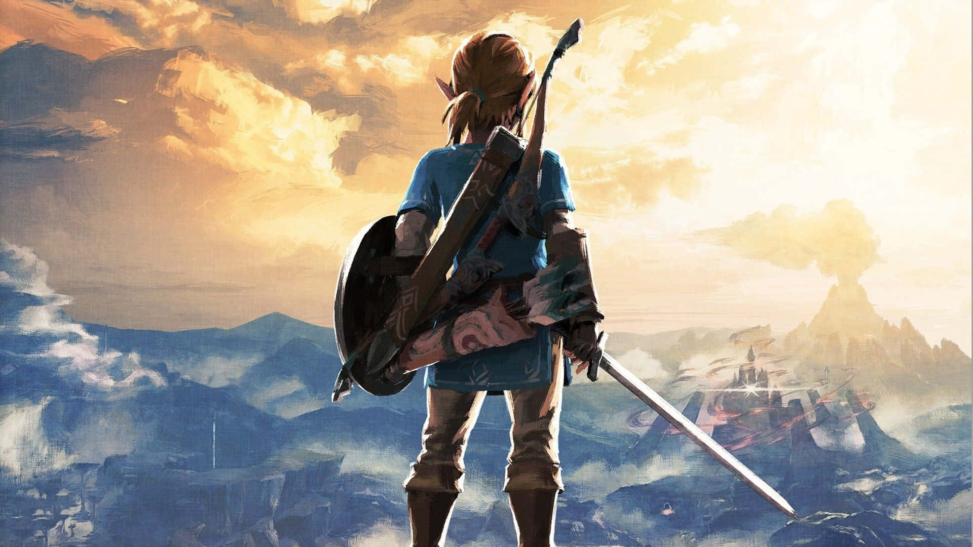 Held mit Schwert und Schild blickt auf ausbrechenden Vulkan bei Sonnenuntergang. — Link Wallpaper