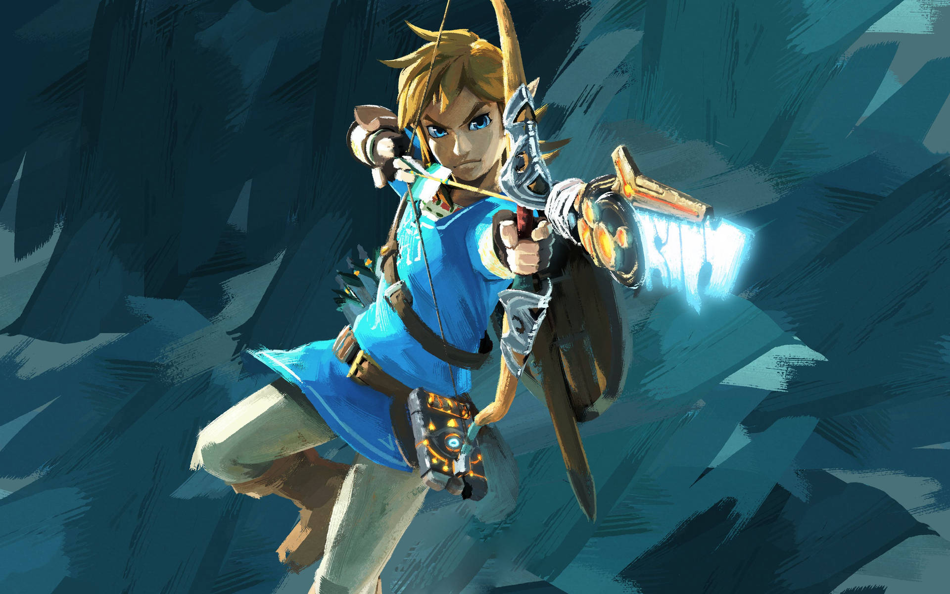 Link från Zelda siktar en glödande pil i en mörkblå klippmiljö. — Länk bakgrund Bakgrundsbilder