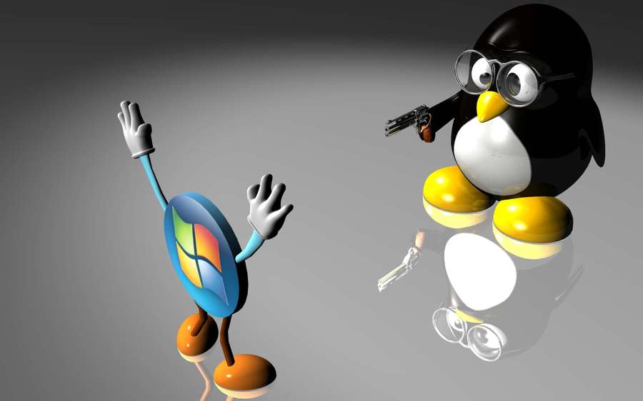 Penguin with glasses pointing a gun at a waving Windows logo character. — Linux Background