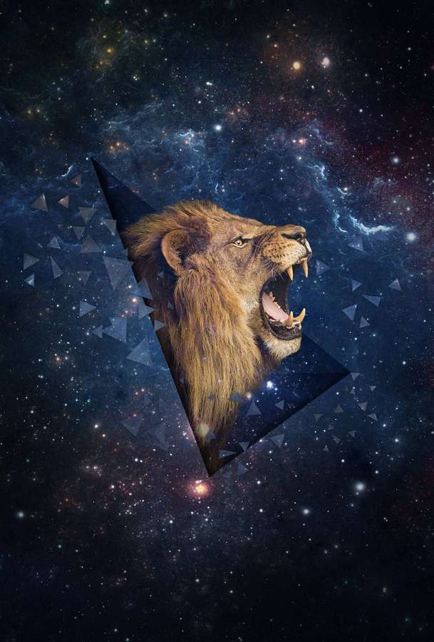Roaring lion head framed in a triangle against a starry cosmic background. — Lion Galaxy Wallpaper