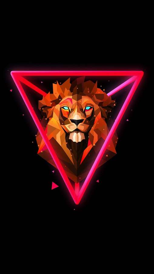 Neon pink triangle frames a geometric lion head with glowing eyes on black background. — Lion Phone Wallpaper