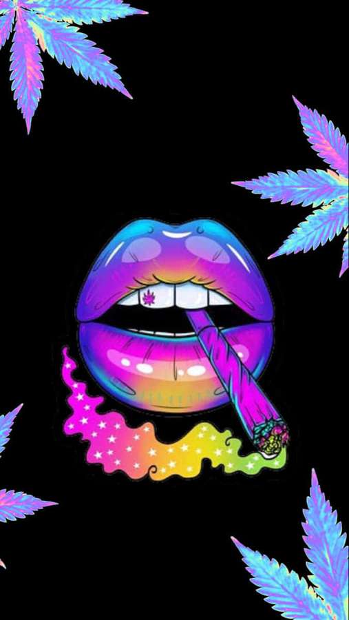 Regenbogenlippen, die einen Joint rauchen, mit leuchtenden Cannabisblättern darum. — Lippen Wallpaper