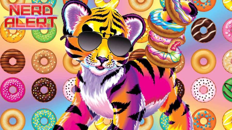 A cartoon tiger in sunglasses holding donuts surrounded by colorful donuts. — Lisa Frank Background