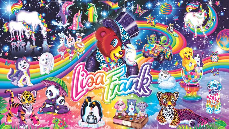 Lisa Frank logo surrounded by rainbow animals and cosmic elements. — Lisa Frank Wallpaper