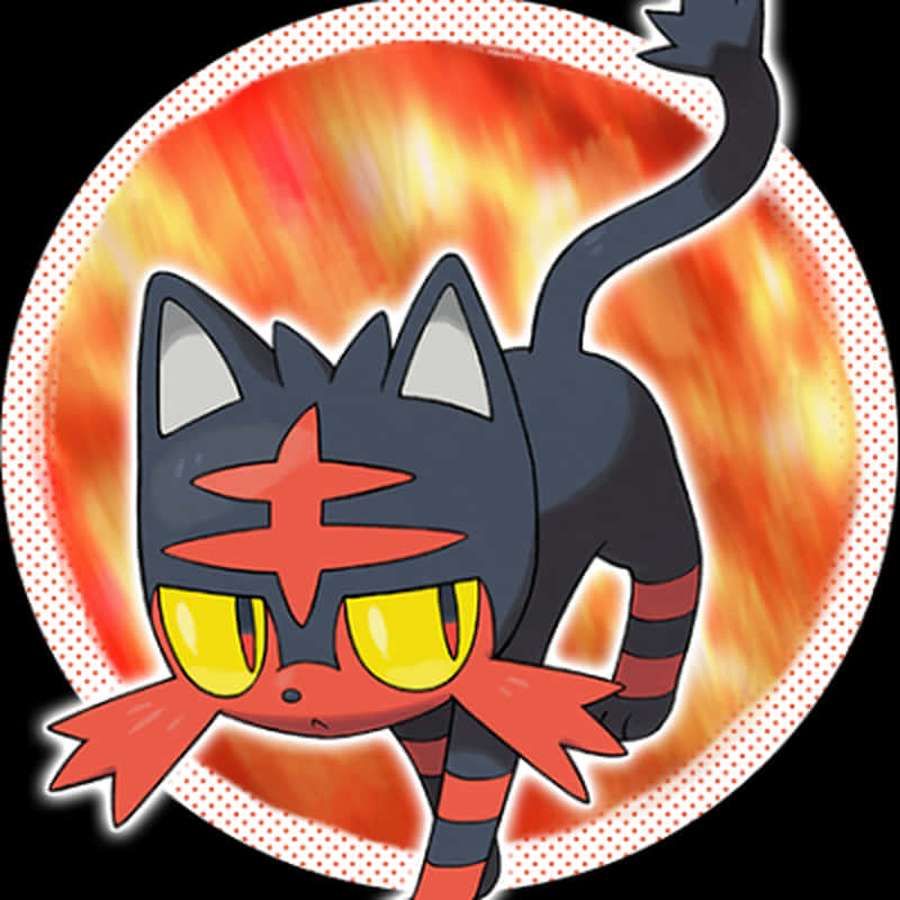 A black cat Pokémon with red markings and glowing yellow eyes surrounded by flames. — Litten Wallpaper