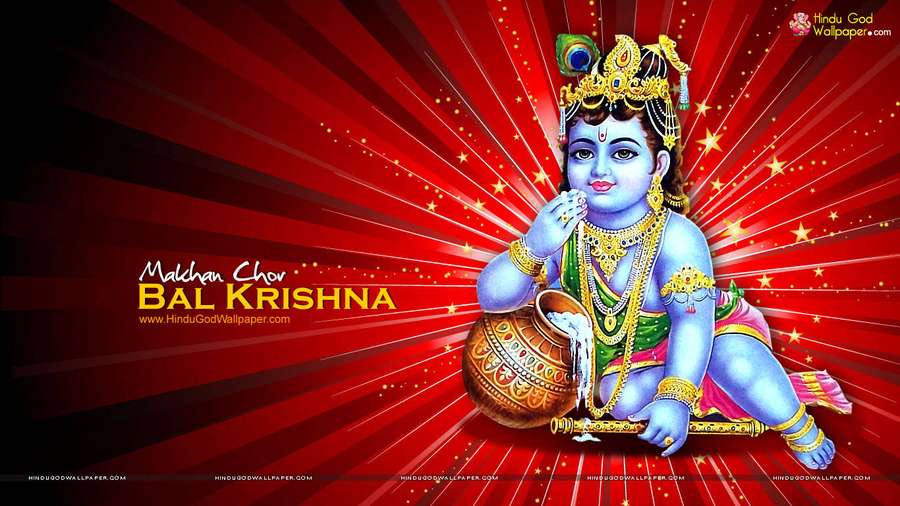 Young blue Krishna holding a pot and flute against a red starburst background. — Little Krishna Wallpaper