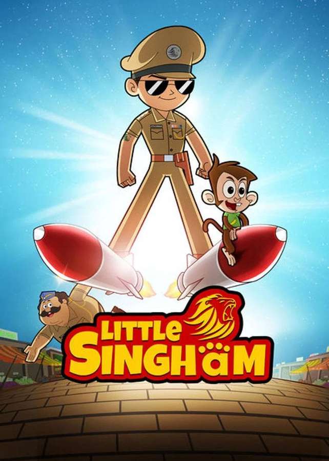 Policial de desenho animado e macaco voando em foguetes com logotipo. — Little Singham Papéis de Parede