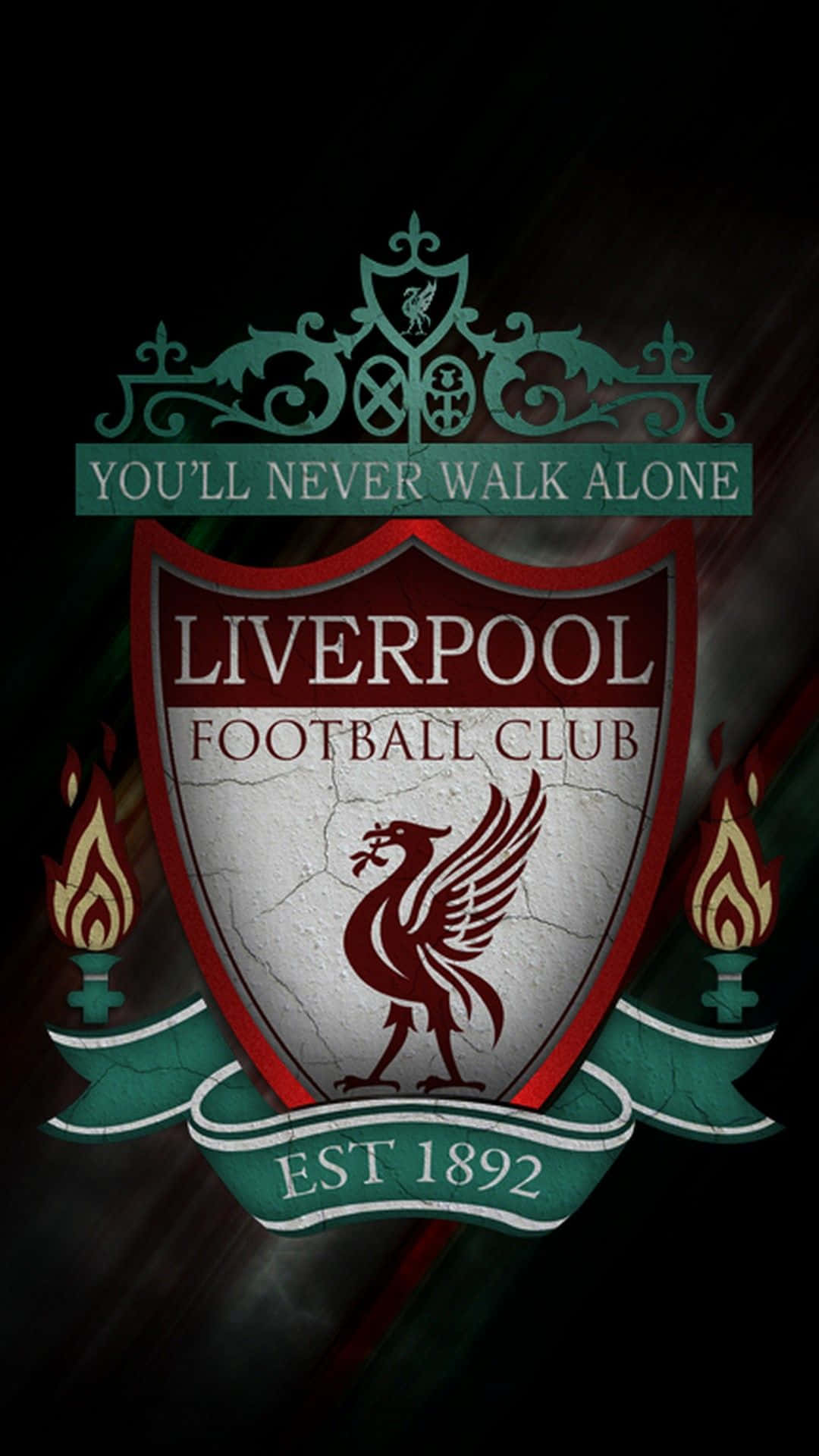 Liverpool FC emblem med liverbird og fakler på mørk baggrund. — Liverpool iPhone Wallpapers