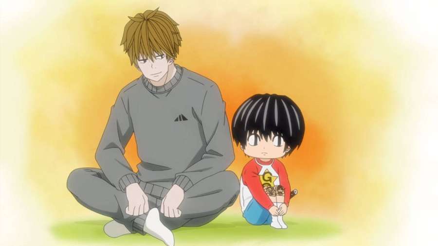 Two anime characters sitting on grass during sunset — Lives Background
