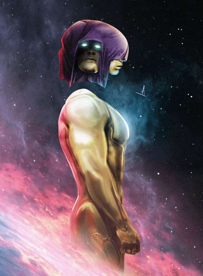 A muscular superhero with glowing eyes and purple hood stands in a colorful nebula. — Living Tribunal Wallpaper