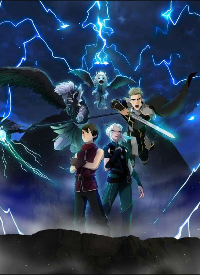 Neljä anime-hahmoa miekkoineen ja lohikäärme seisoo kallionjyrkänteellä myrskyisen taivaan alla sinisten salamoiden kanssa. — Lo Dragon Prince Taustakuvat