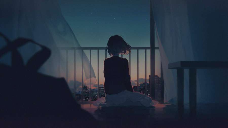 Silhouette of a girl sitting on a balcony overlooking a city at twilight. — Lo Fi Anime Wallpaper